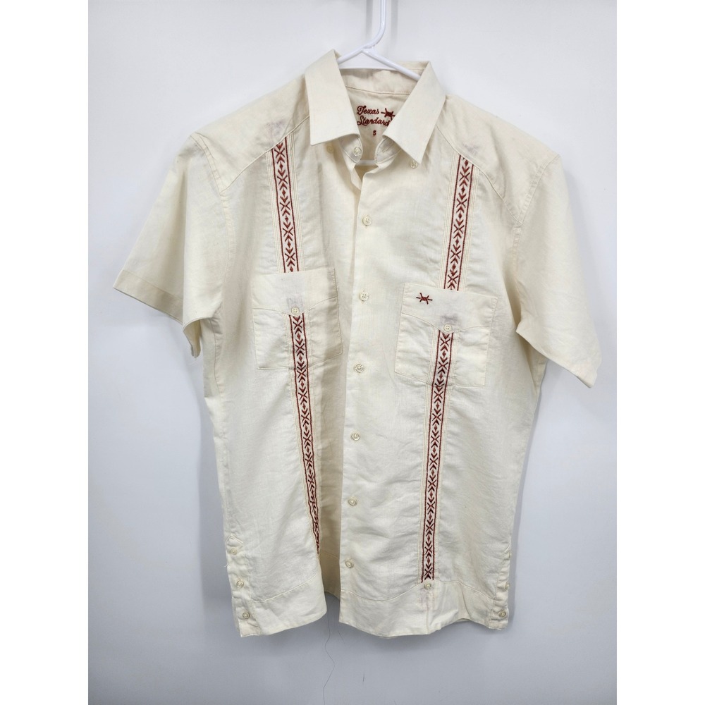 Texas Standard Guayabera Shirt Mens S Cream Linen Blend Embroidered Western